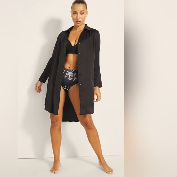 SOMA Satin Black Button Front Sleepshirt - Picture 4 of 14